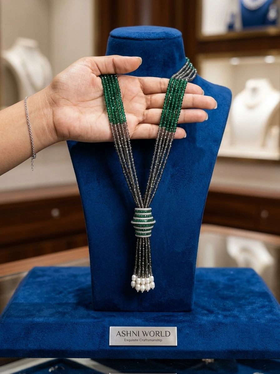 The Emerald & Smoky Quartz Beaded Tassel Mala