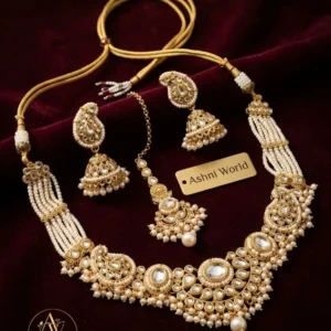 Royal Kundan Pearl Bridal Jewelry Set | Necklace, Jhumka Earrings & Tikli