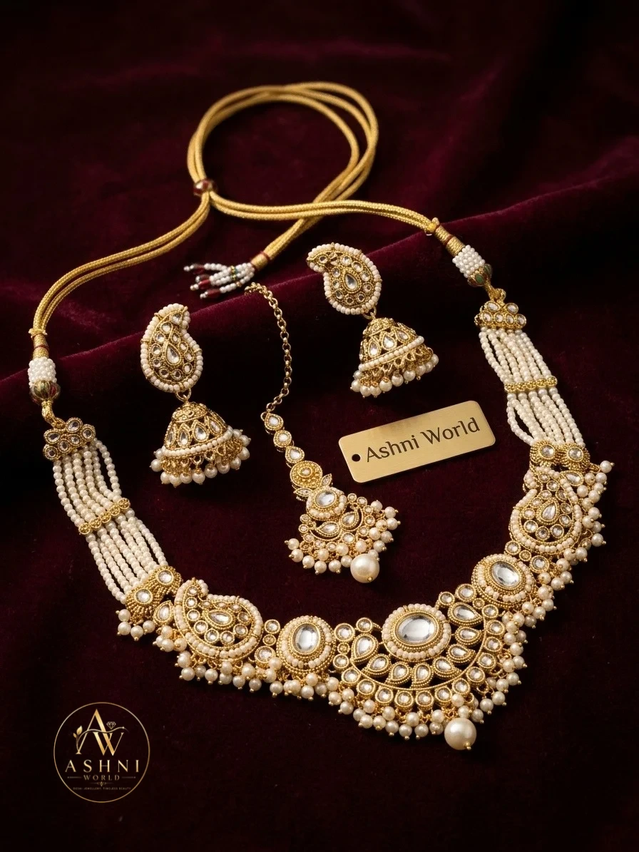 Royal Kundan Pearl Bridal Jewelry Set | Necklace, Jhumka Earrings & Tikli