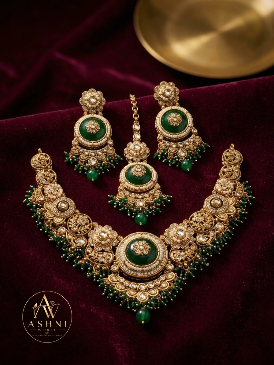 Royal Emerald & Pearl Gold-Plated Statement Necklace Set