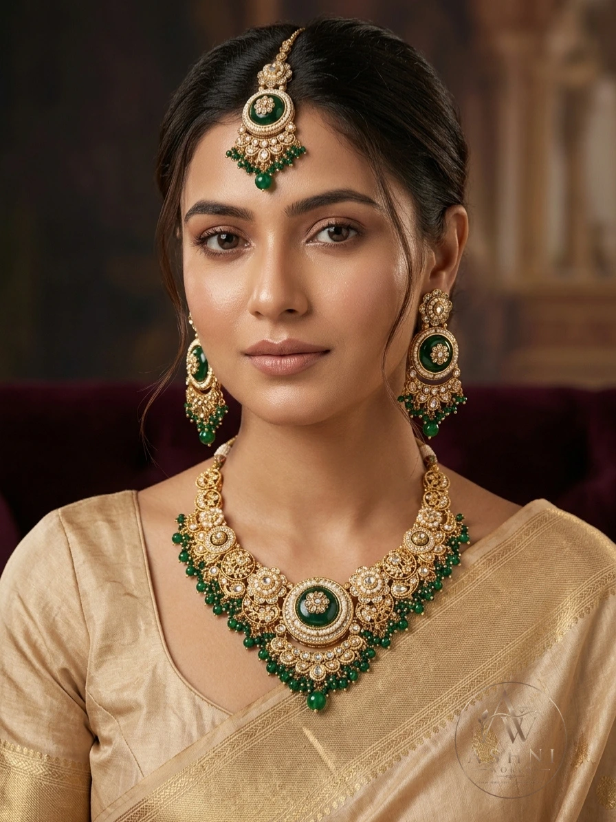 Royal Emerald & Pearl Gold-Plated Statement Necklace Set