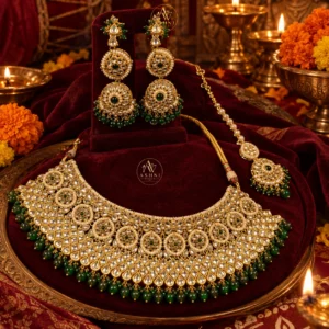 Royal Emerald Kundan Choker Set – Antique Gold Finish with Green Beadwork