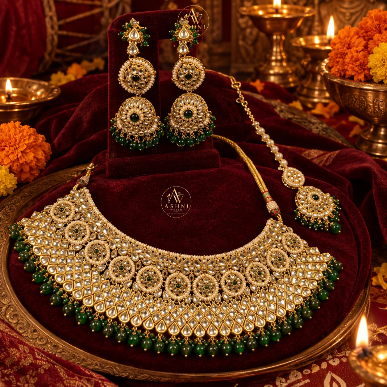 Royal Emerald Kundan Choker Set – Antique Gold Finish with Green Beadwork