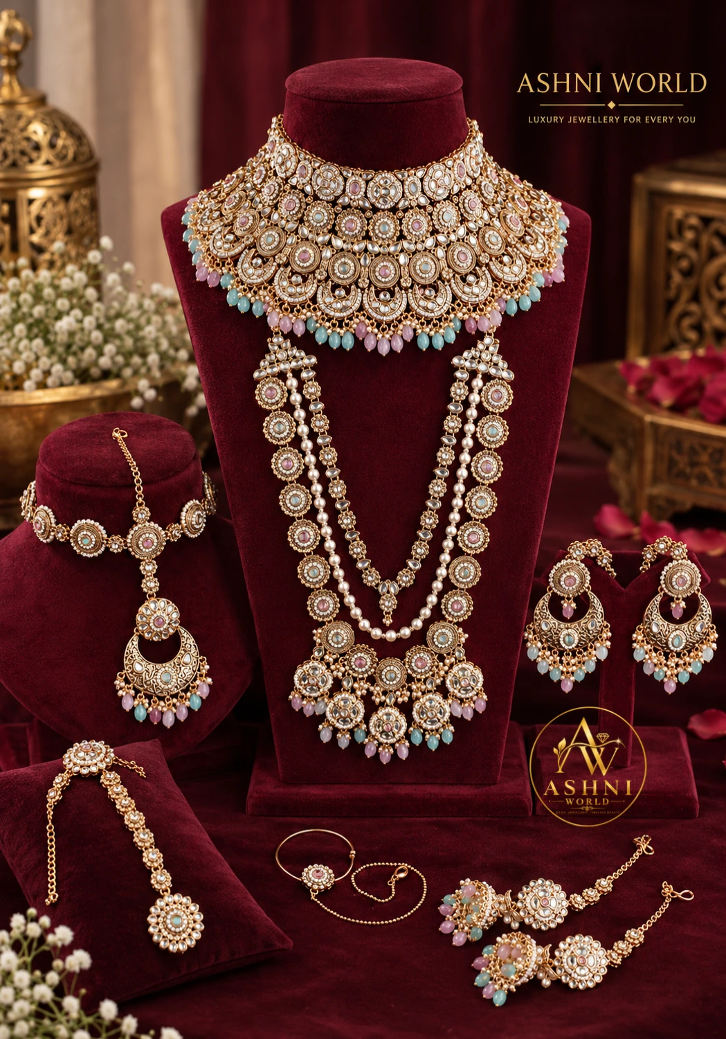 Royal Pink & Mint Kundan Bridal Jewellery Set
