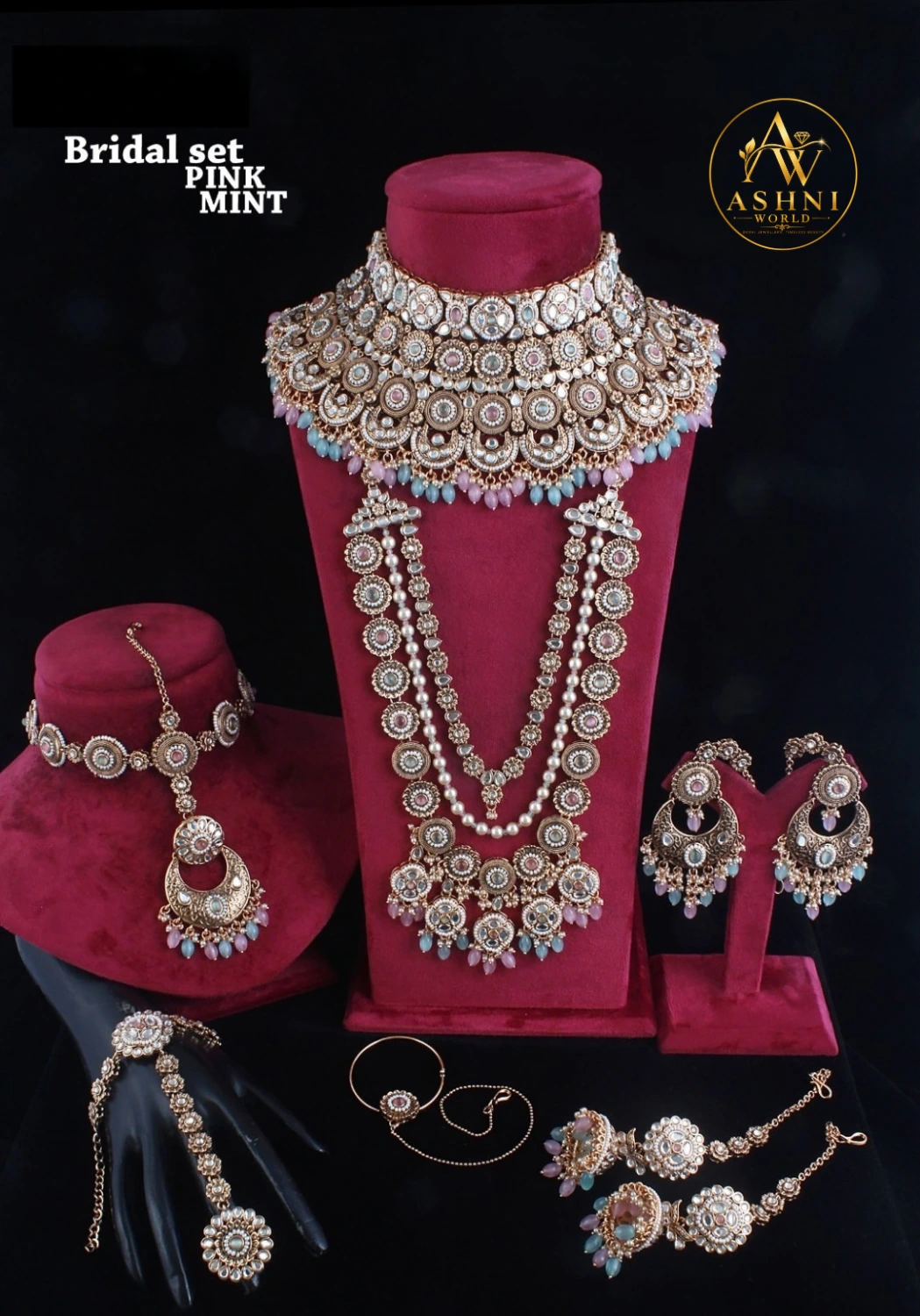 Royal Pink & Mint Kundan Bridal Jewellery Set